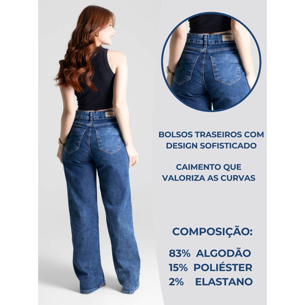 Calça Wide Leg Jeans Sawary Original Moda Feminina Cintura Alta Lycra Elastano Confortável Tendencia — imagem 2 de 2