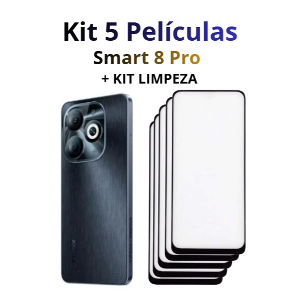 Kit 5 Películas de Vidro 3D Para Infinix Smart 8 Pro + Kit Limpeza