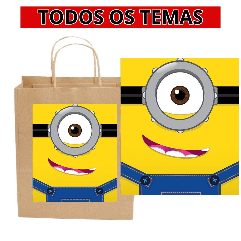 kit adesivos tema minions 15x13 pra sacolas kraft quadrado personalizados tema minion