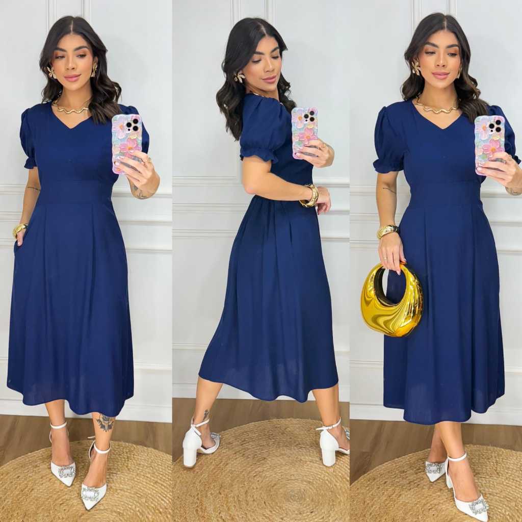 Vestido Midi Feminino Liso Elegante – Manga Princesa, Decote V, Casual e Confortável em Oferta na Shopee