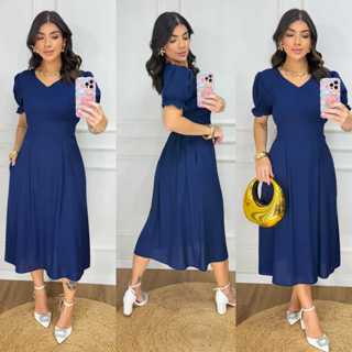Vestido Midi Feminino Liso Elegante – Manga Princesa, Decote V, Casual e Confortável em Oferta na Shopee