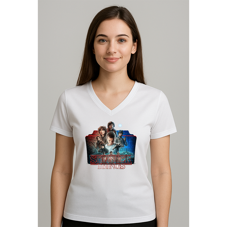 Camiseta ou Baby Look gola V Stranger Things hellfire club logo SERIE Adulto e Infantil