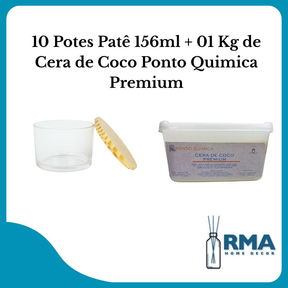 10 Potes de Vidro Patê 156ml + Cera de Coco Vegetal Ponto Quimica Premium Para Velas Artesanais e Aromáticas Decorativas