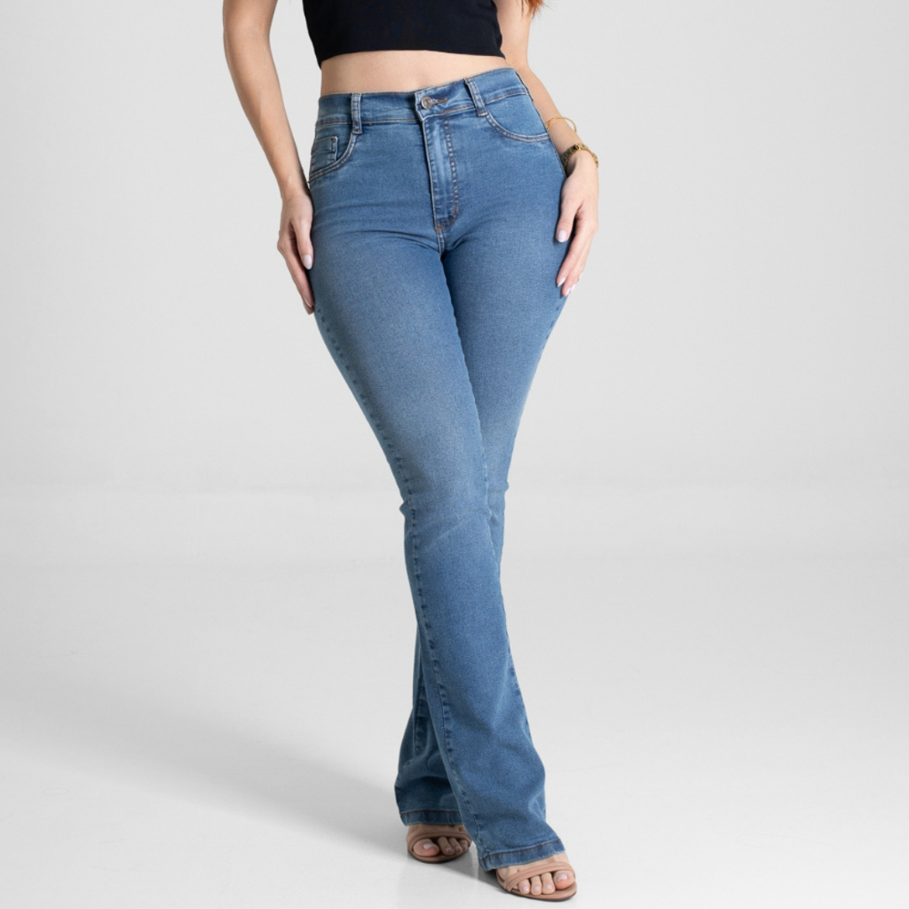 Calça Jeans Feminina Sawary Cintura Alta Flare Boot Cut Original Lycra Elastano Bonita Tendencia em Oferta na Shopee