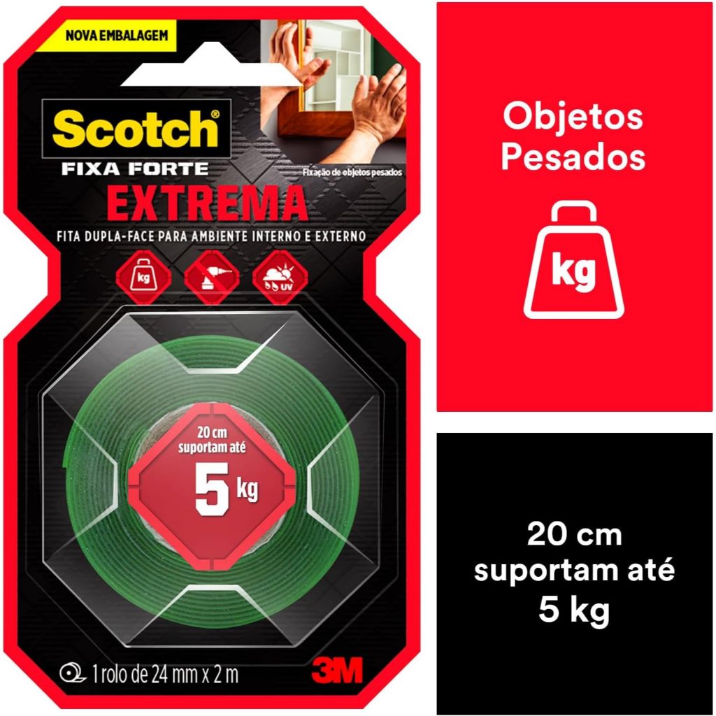 Fita Dupla Face 3M Scotch Fixa Forte Fixação Extrema – 24 mm x 2 m | Suporta até 5 kg / 20 cm