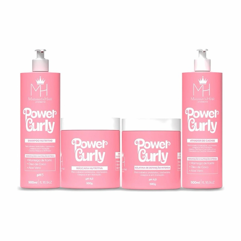 Shampoo, Máscara, Gelatina e Ativador de Cachos (4 Passos) Kit Completo Cachos Hidratados power curly Maranata hair