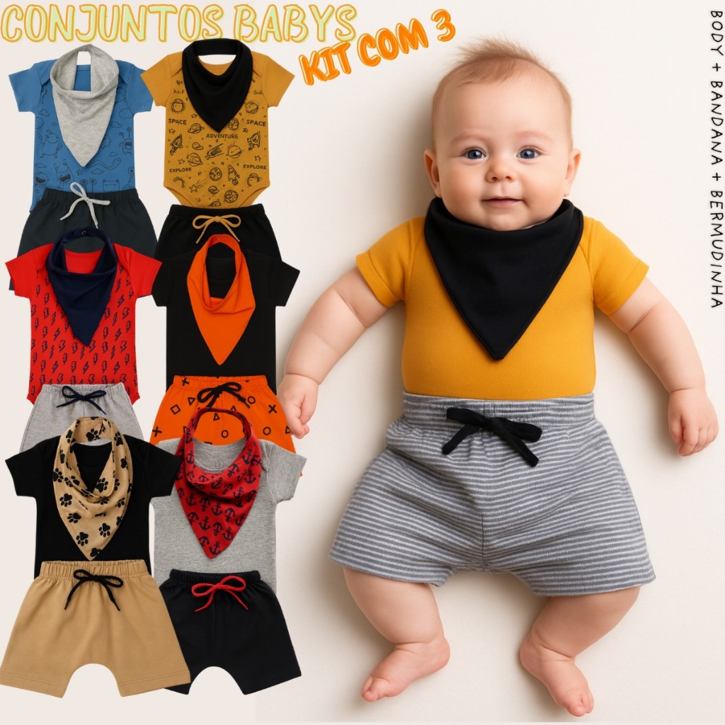 Kit 3 Conjuntos Bebe Verão Menino Short  Body E Babador Bandana Recém Nascido em Oferta na Shopee