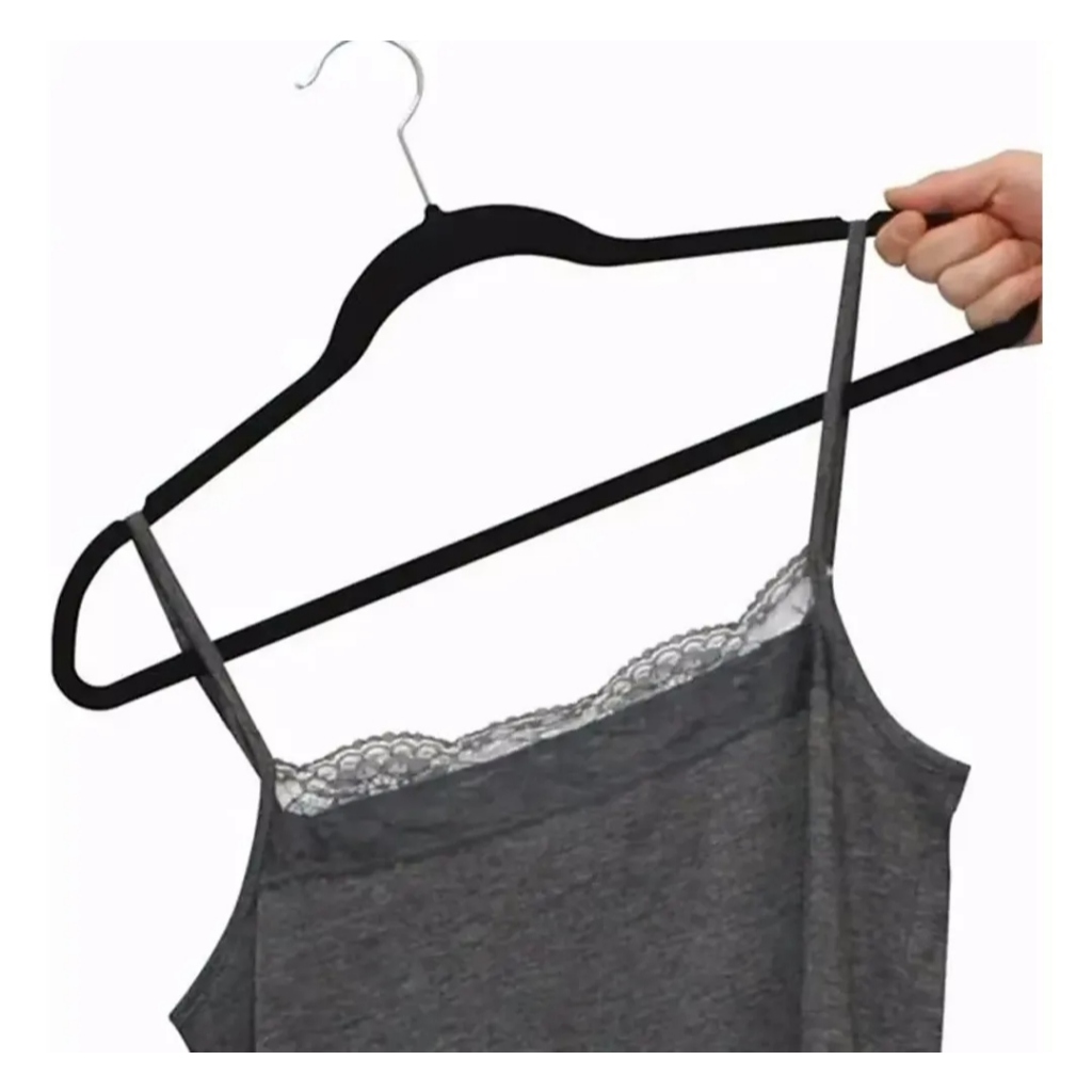 Kit 10 Cabide Adulto Veludo Slim Ultra Fino Não Escorrega Cor Preto Calça Camisa Vestido Blusa Saia