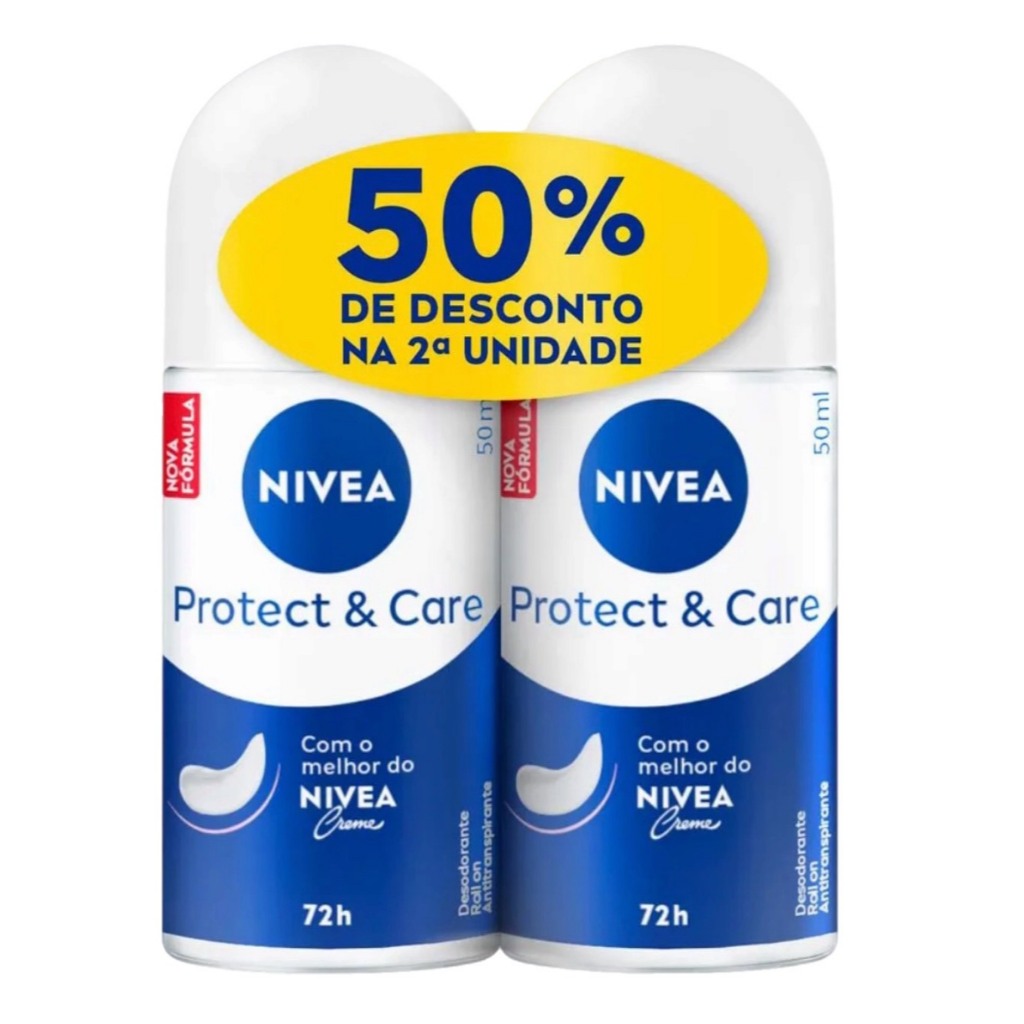 KIT 2 Desodorante NIVEA Roll-On Feminino Protect & Care 50ml Antitranspirante 48h Cuidado Suave Nivea Creme.