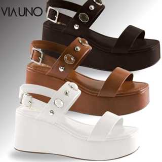 Sandália Anabela Via Uno com Tira de Pedraria  Original e Elegante em Oferta na Shopee