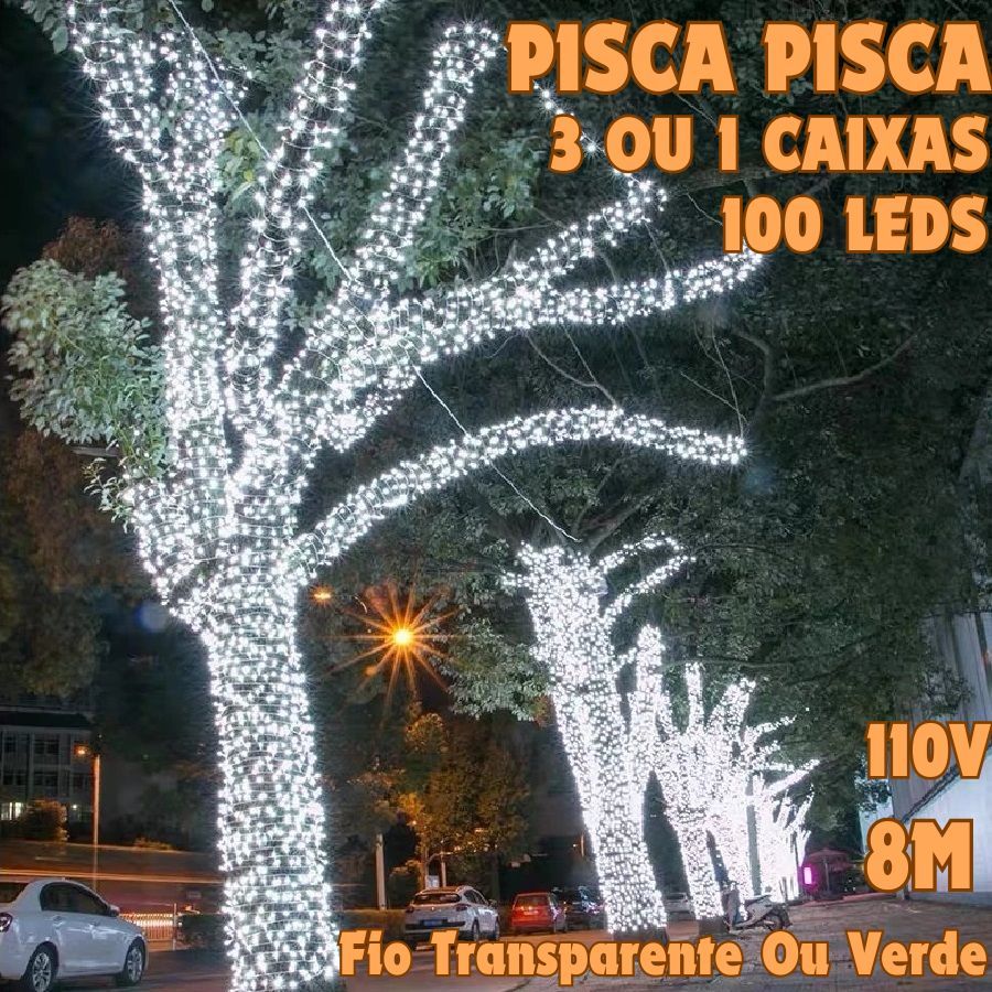 3 Ou 1 Caixas Pisca Pisca Branco 8M 100 Leds 110V Fio Transparente Ou Verde Luzes Natal Uso Interno