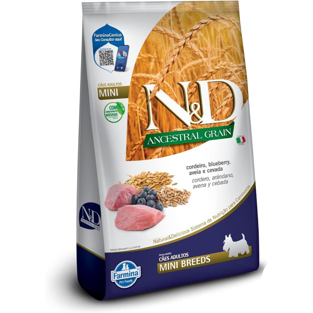 N&D Ancestral para Cães Adultos de Raças Mini e Pequenas Sabor Cordeiro, Blueberry, Aveia e Cevada 2,5Kg