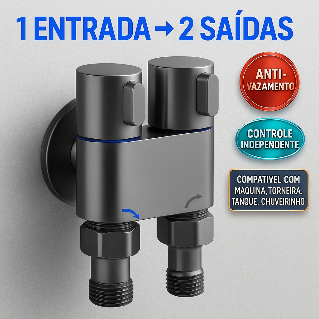 Válvula Dupla Saída 2 Vias p Banheiro  Cozinha Máquina + Tanque Rosca 1/2"