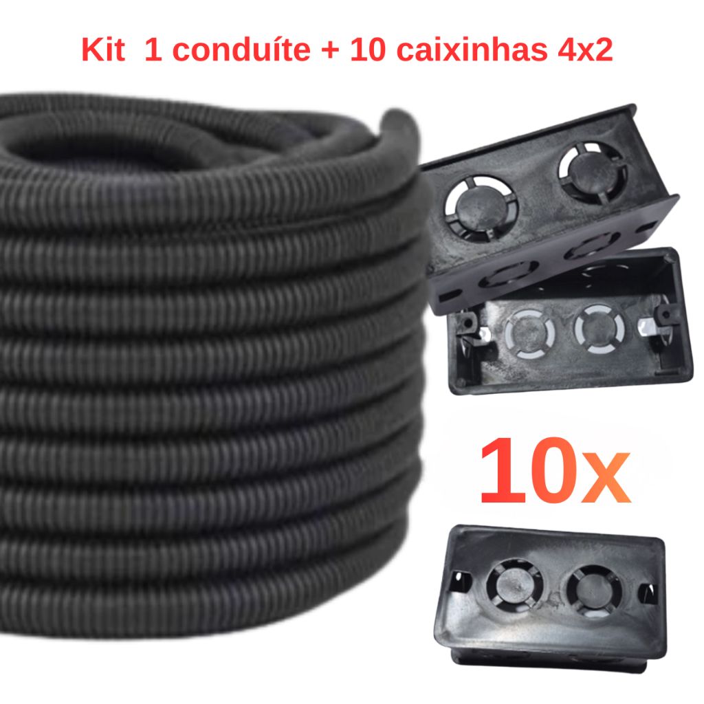 Kit 1 Conduite Corrugado Reforçado Preto 3/4x50 Metros Parede e Laje + 10 Caixinha Para COnsutrção 4x2 Preta