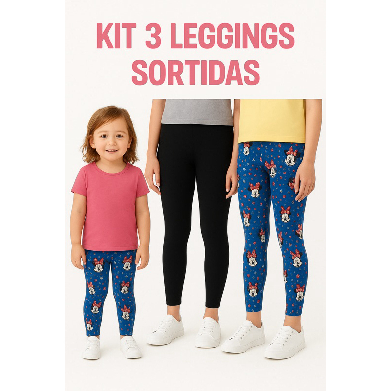 Kit Legging Infantil Sortidas – Cotton Macio – Estampadas e Lisas – Tamanhos 4 a 8 anos