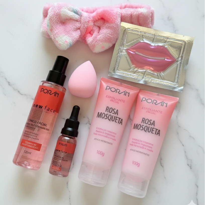 Kit Limpeza de Pele Rosa Mosqueta Presente Skin Care Completo Meikê | Porán | Sabonete Esfoliante Tônico Sérun