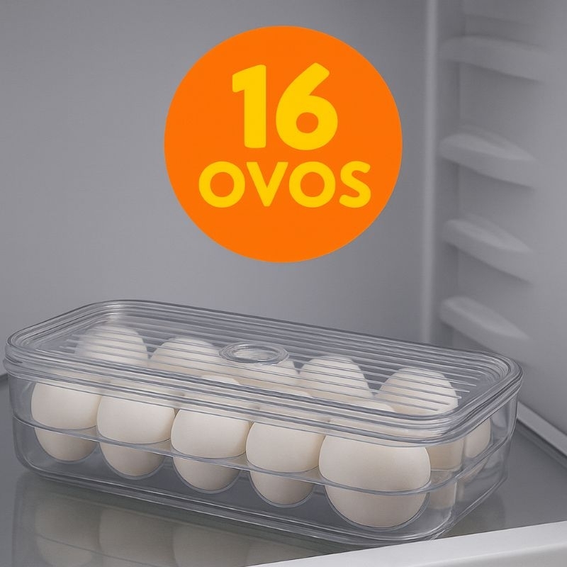 Porta Ovos Acrílico com Tampa 16 Und — Organizador Geladeira