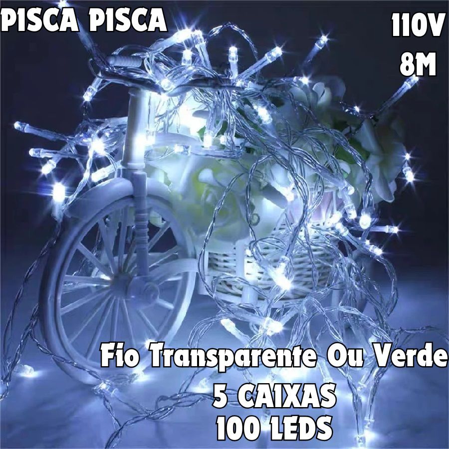5 Caixas Pisca Pisca Branco 8M 100 Leds 110V Fio Transparente Ou Verde Luzes Natal Uso Interno