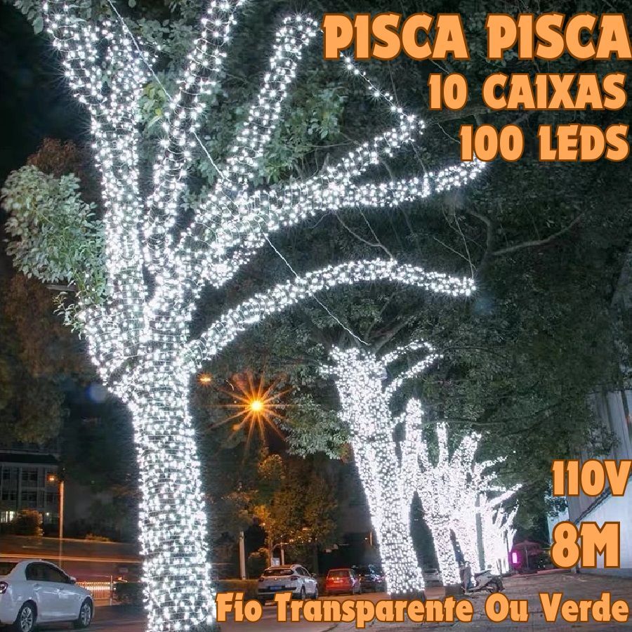 10 Caixas Pisca Pisca Branco 100 Leds 8M 110V Fio Verde Ou Transparente Luzes Natal Uso Interno