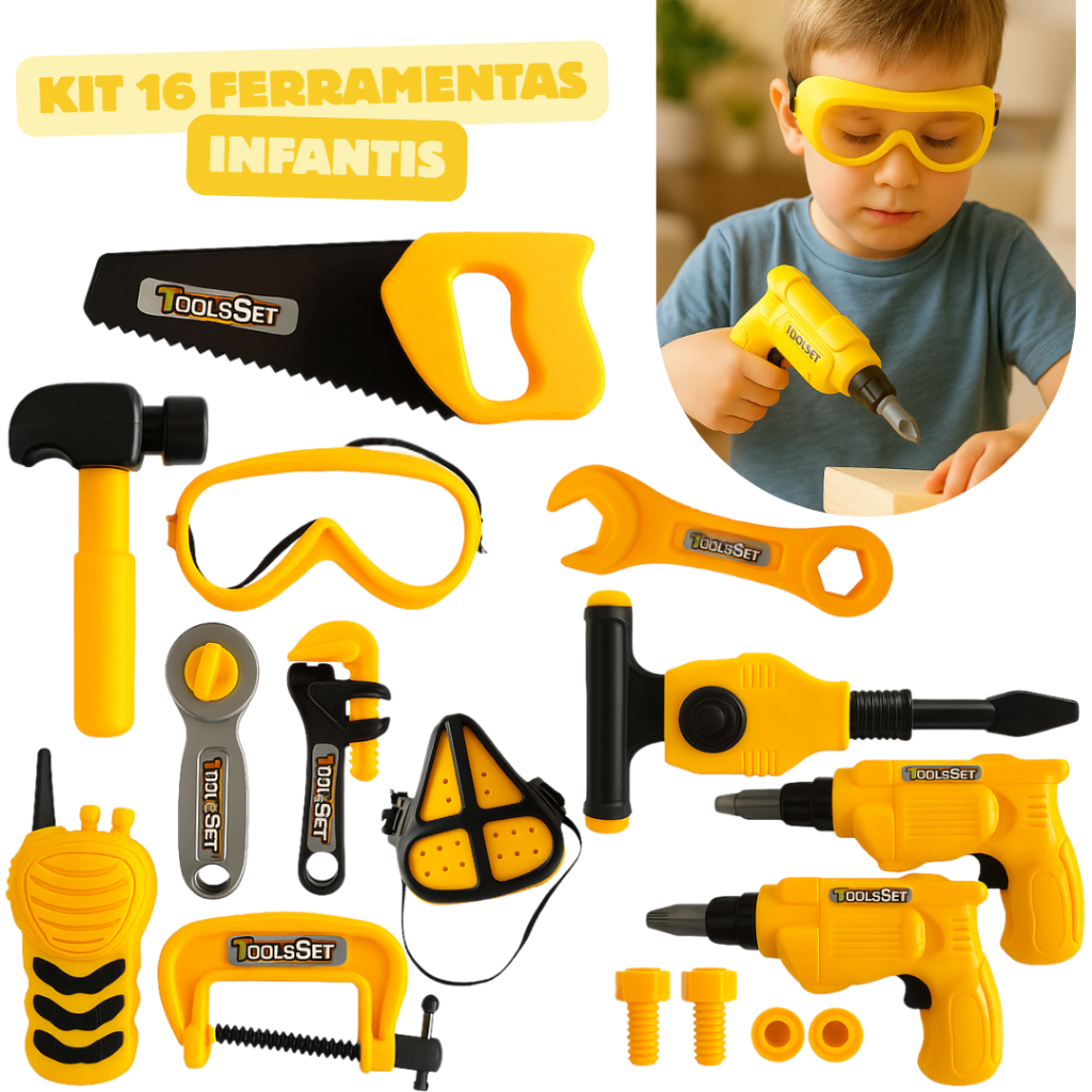 Kit de Ferramentas Infantil 16 Peças – Brinquedo Educativo Mini Construtor Divertido em Oferta na Shopee