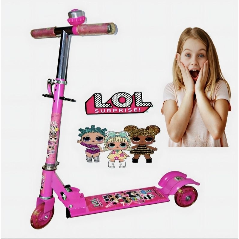 Patinete Infantil Rosa de Ferro + Com Música e Led nas Laterais nas Rodas Menina LOL Dobrável Buzina + Promo
