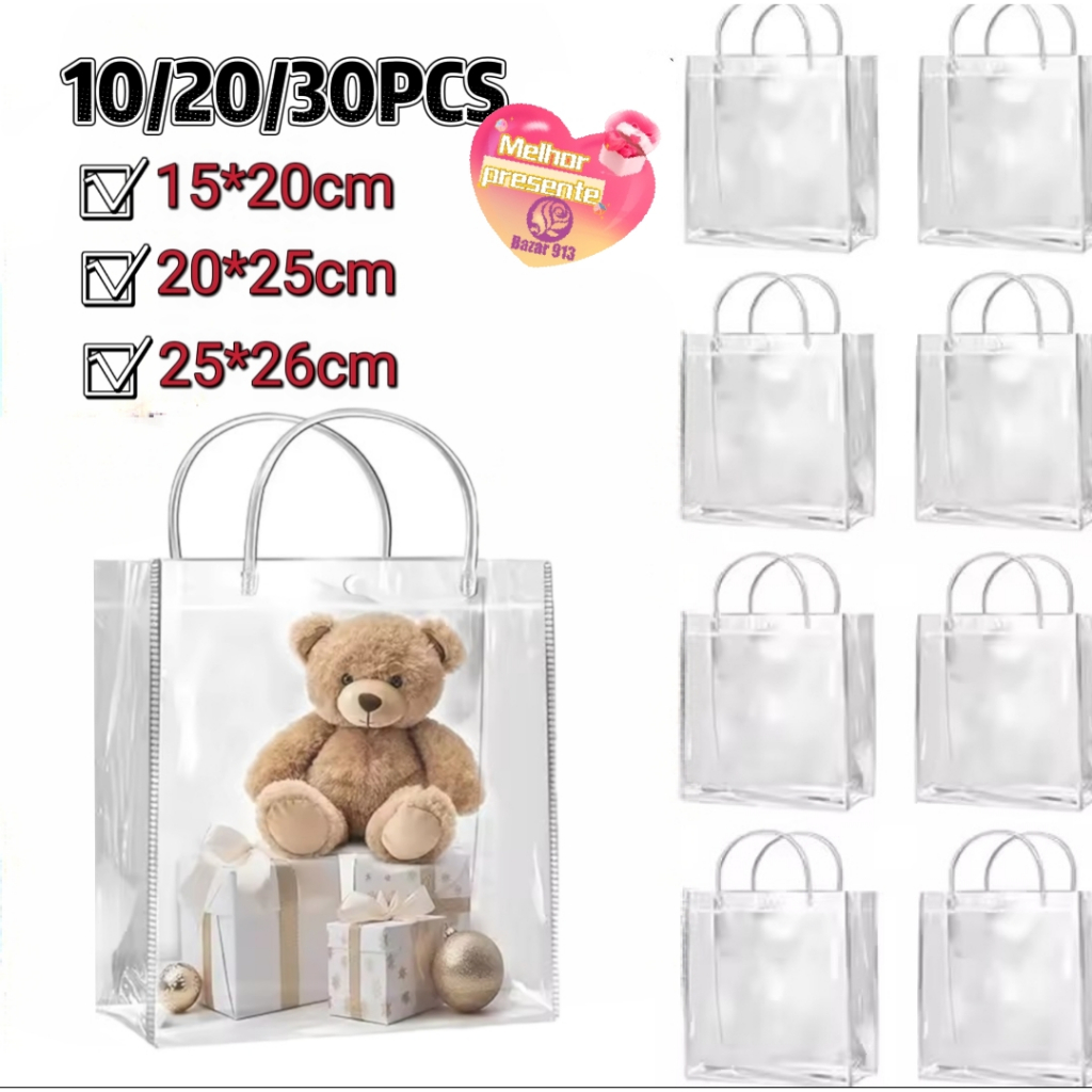 Kit 30 /20/10 sacos de presente lembrança de plástico transparente reutilizável festa e sacola de praias em Oferta na Shopee