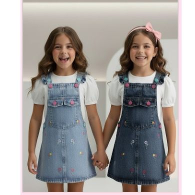 Vestido Infantil Jardineira Menina Bordada Flor Jeans Brim Sarja Roupa Infantil Feminina 1 a 6 anos