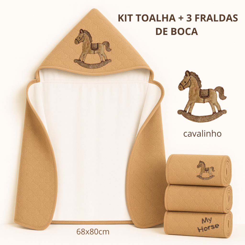 Toalha de Banho Fralda com Capuz Atoalhadae 3 Fraldas de Boca Babinha Enxoval  Cavalinho  Menino