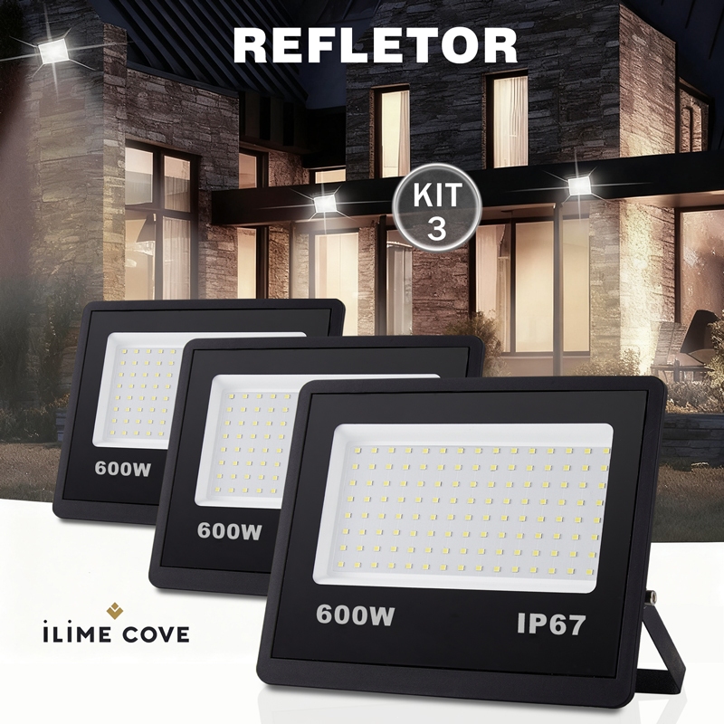 Kit 3 Refletor LED 600W Holofote Bivolt Super Brilhante Econômico com IP67 à Prova d'Água Externas em Oferta na Shopee