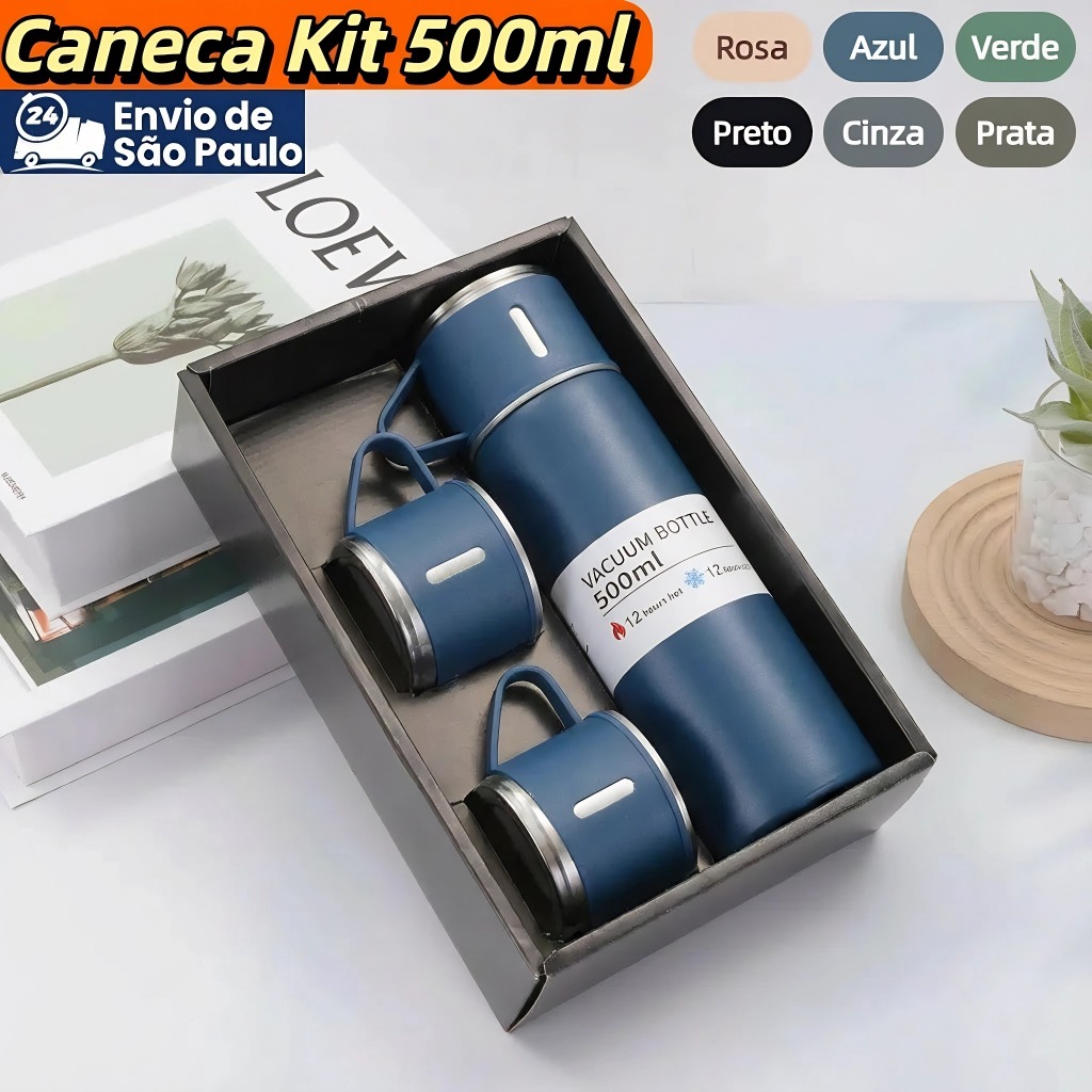 Garrafa Térmica Kit 500ml Vacuum Bottle Inox + 3 Xícaras Bebidas Fria ou Quente