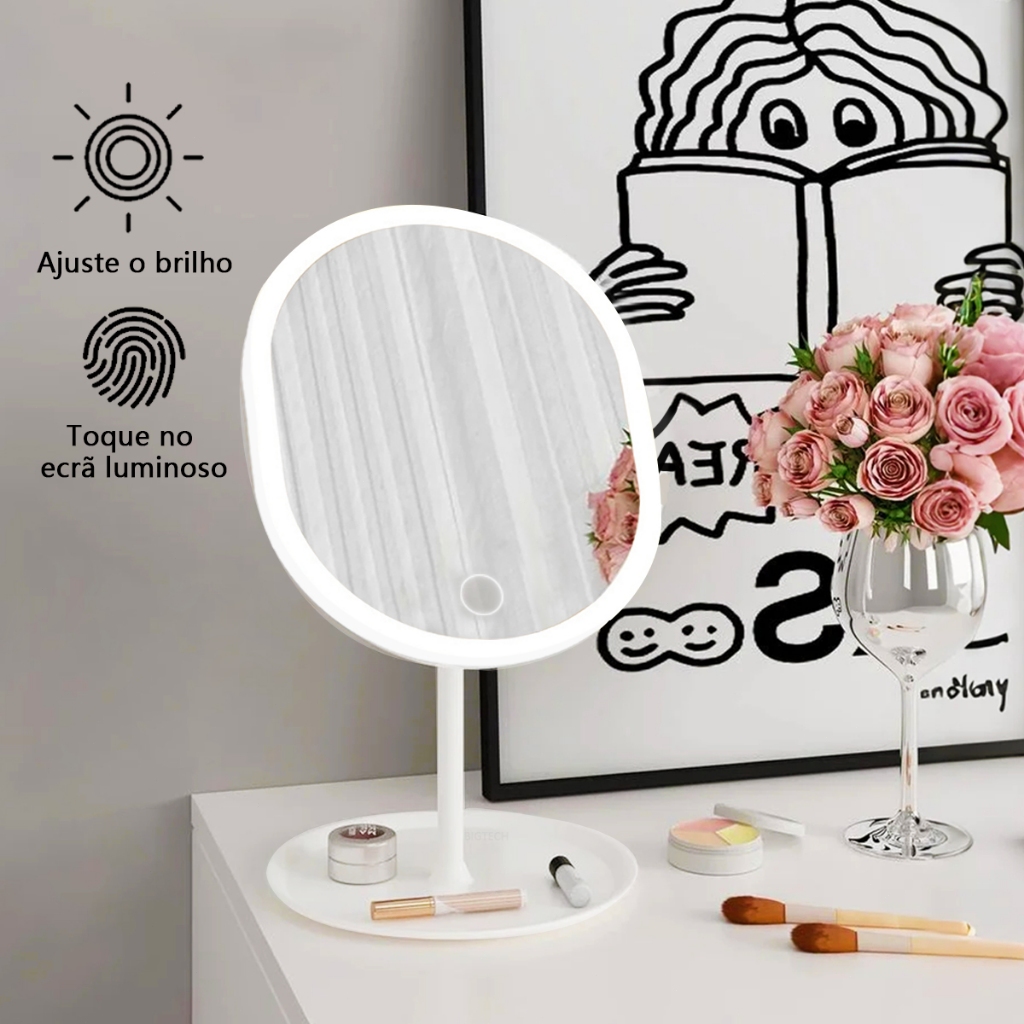 Espelho De Maquiagem De Mesa LED Inteligente Toque De Brilho Ajustável Portátil Espelho De Alta Definição