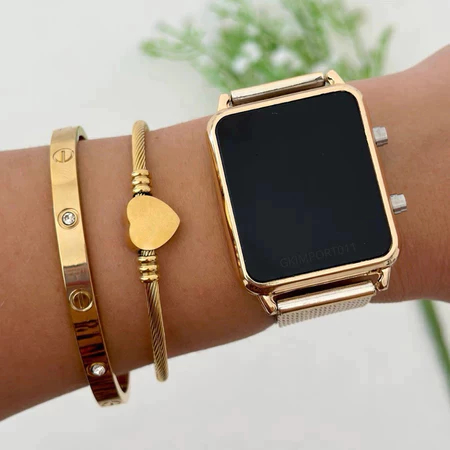 elógio Feminino Digital Led Quadrado Dourado e Rose Preto prata Moda Blogueira dia das maes
