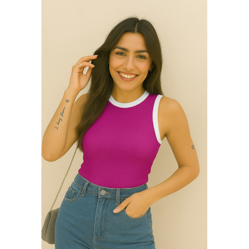 Blusa Feminina Canelada Ribana • Regata Justa e Confortável blusa canelada regata ribana regata feminina básica BICOLOR