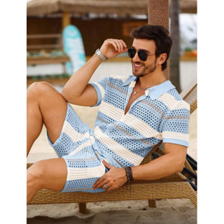 Conjunto masculino de cardigã, polo e shorts, ideal para férias na praia. em Oferta na Shopee