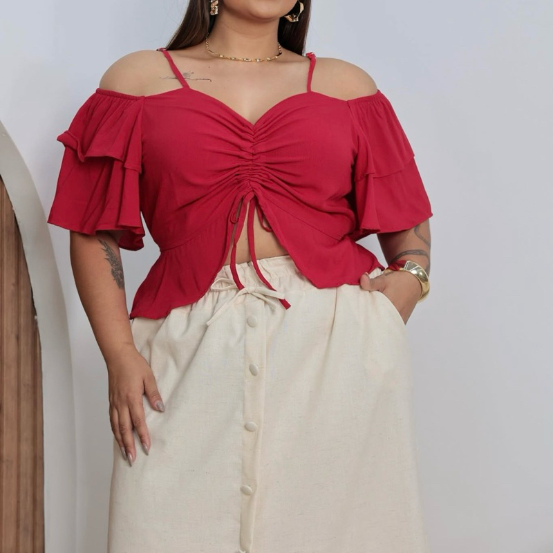Cropped plus size manga boca de sino babado G1 G2 G3 em Oferta na Shopee