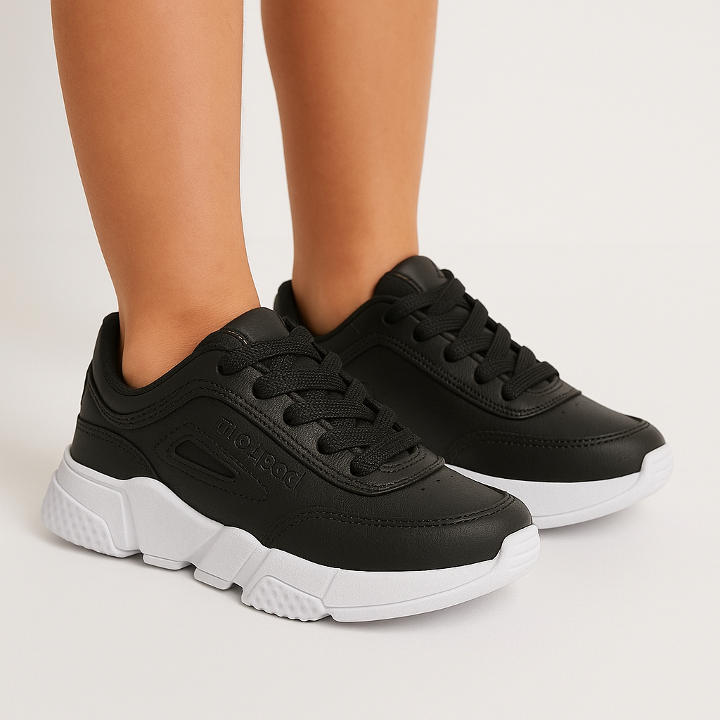 Tênis Infantil Feminino Masculino Casual Recortes Básico Escolar Preto