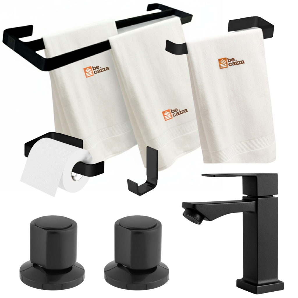 Kit Acessórios Banheiro Preto Fosco + Torneira Bica Baixa + 2 Acabamentos Padrão Deca 1/2 3/4