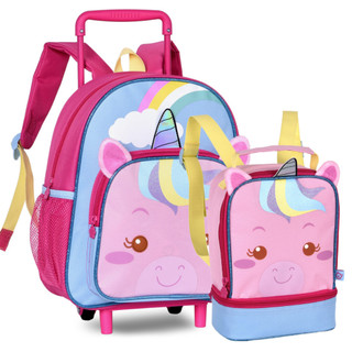 Kit Mochila de Rodinhas Infantil Escolar com Lancheira Térmica Unicórnio Linha Clio Pets