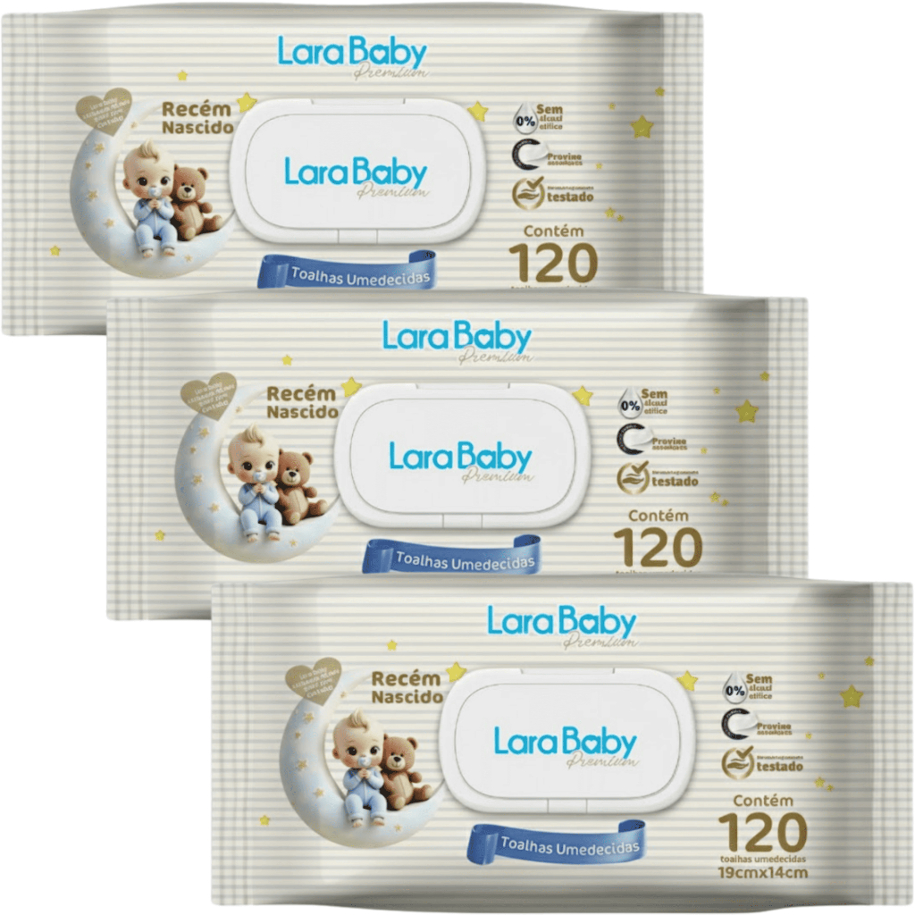 Kit C/3 Toalha Umedecida Lara Baby Premium Recém Nascido RN 120 Unidades total 360