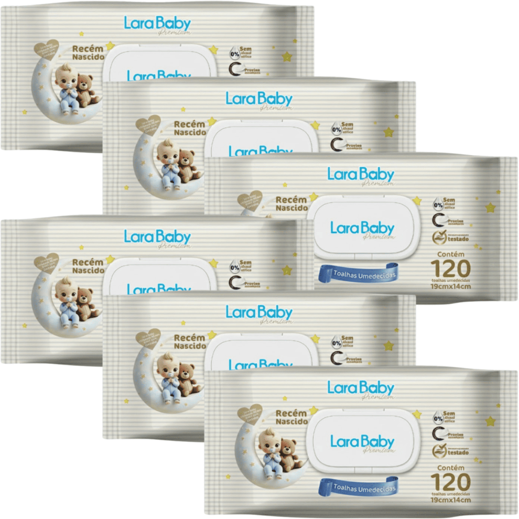 Kit C/6 Lenço Umedecido Lara Baby Premium Recém Nascido RN 120 Unidades Total 720