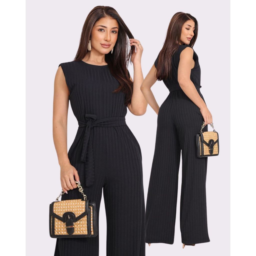 Macacão Pantalona Canelado Decote Redondo Faixa na Cintura Tendência Elegante Confortável