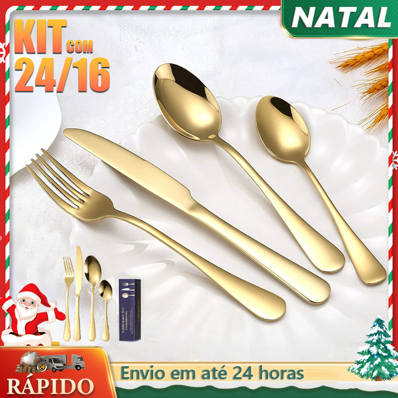 Conjunto De Talheres Dourado De Luxo Inoxidável 24pç e 16pç ,para Cozinha Banquete Casamento em Oferta na Shopee