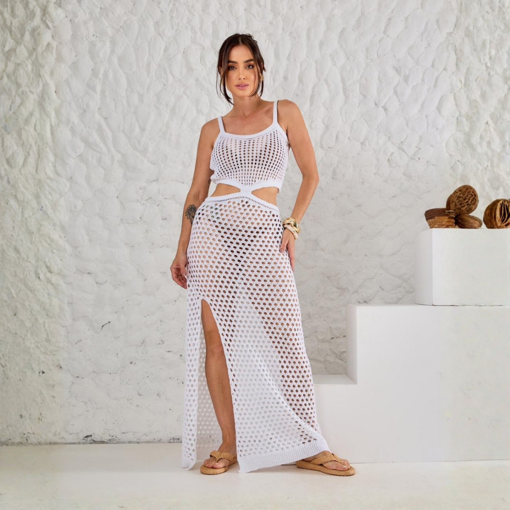 Saída de Praia Tricot Com Recorte Vestido Longo Verão Piscina Moda Crochê Vazado em Oferta na Shopee