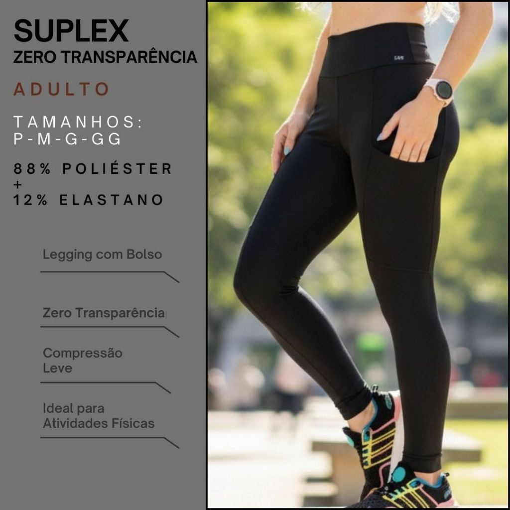 Legging Feminina Suplex Fitness Zero Transparência Cós Largo Academia Bolso Lateral Funcional