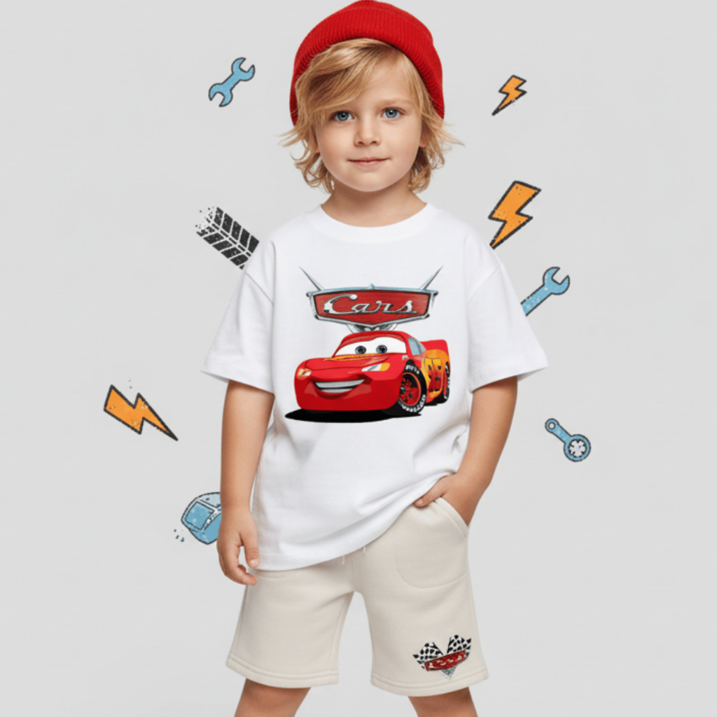 Conjunto Infantil Relâmpago Mcqueen Cars Camiseta Algodão 100% + Bermuda Moletom Estampa Premium