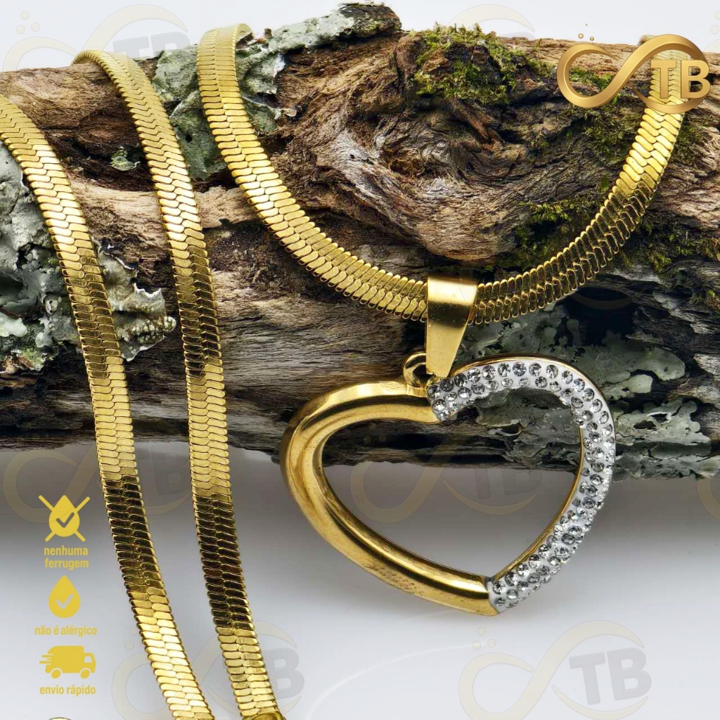 TB Shop Moda Feminino Colar de Elo Coração Banhado Ouro Strass Reluzente em Aço Inox para Namorada