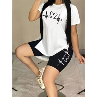 CONJUNTO FEMININO ACADEMIA BERMUDA LEGGING+CAMISETA ESTILOSO CORAÇÃO BATIMENTOS em Oferta na Shopee