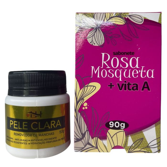 Kit com Creme Pele Clara e Sabonete em Barra Rosa Mosqueta Limpeza Profunda da Pele 2 Un.