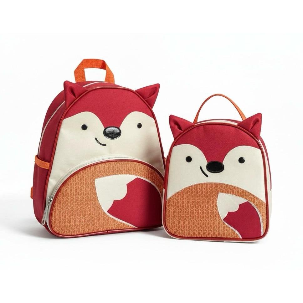 Kit Mochila Infantil Mais Lancheira Merendeira Térmica Raposa Vermelha Modelo Zoo creche Passeio
