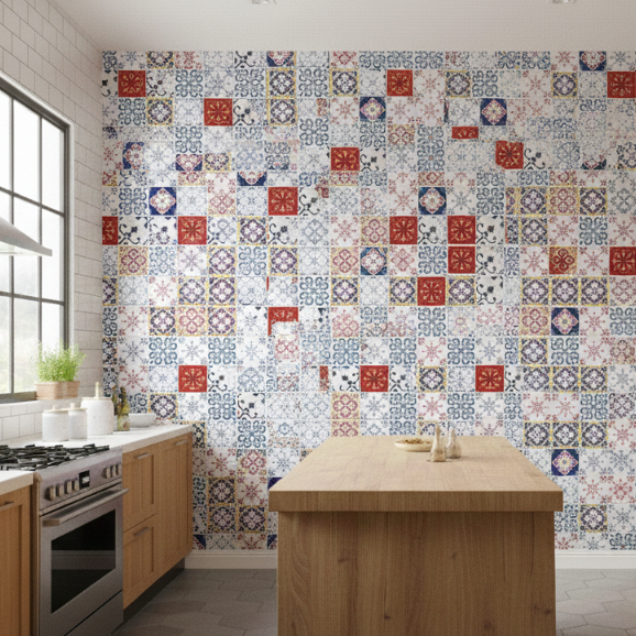 Papel de parede Adesivo Cozinha Ladrilho Hidráulico Estilo Turco Azulejo Portugues Colorido